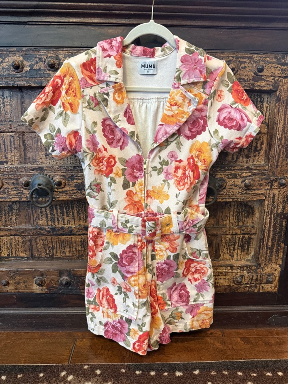 Show Me Your MuMu Floral Linen Romper in Cream, Pink & Orange